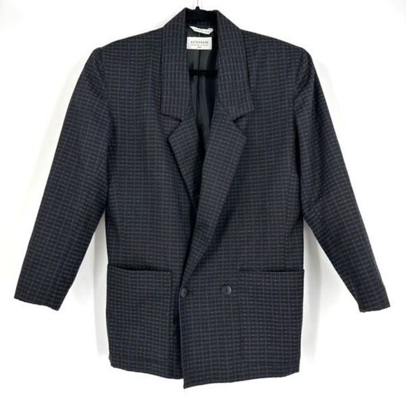 Vintage Autograph Women's Plaid Double Breasted Blazer Jacket Black Blue Medium - Picture 1 of 9